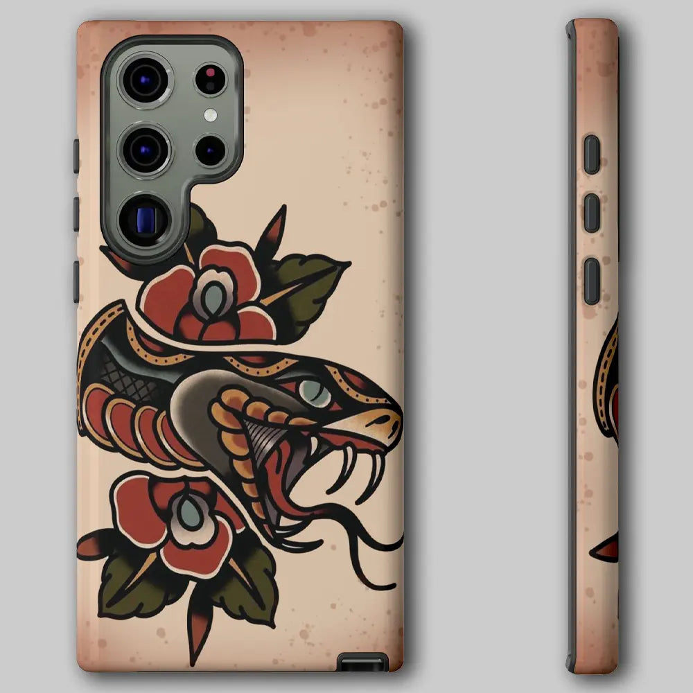 Front and side view of Traditional Snake Flash case showing raised camera bezel.