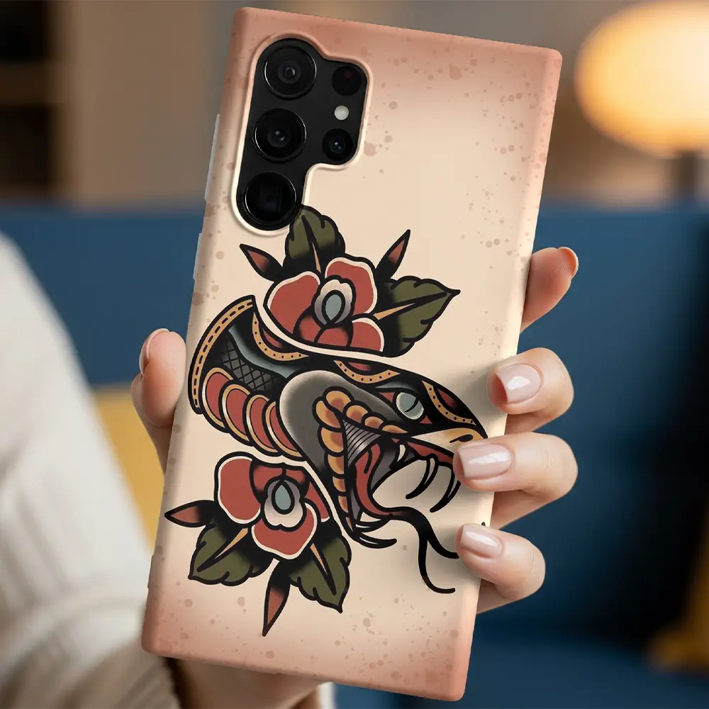 In-hand view of Traditional Snake Flash case highlighting bold black outlines.