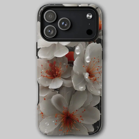 White cherry blossom phone case front view featuring natures feminine floral design.