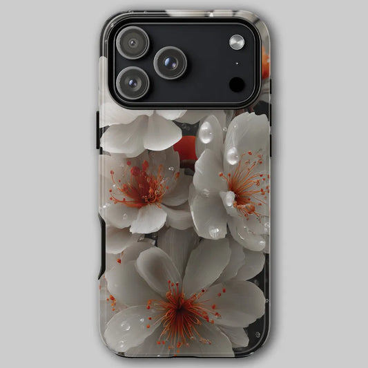 White cherry blossom phone case front view featuring natures feminine floral design.