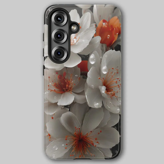 White cherry blossom phone case front view featuring natures feminine floral design.
