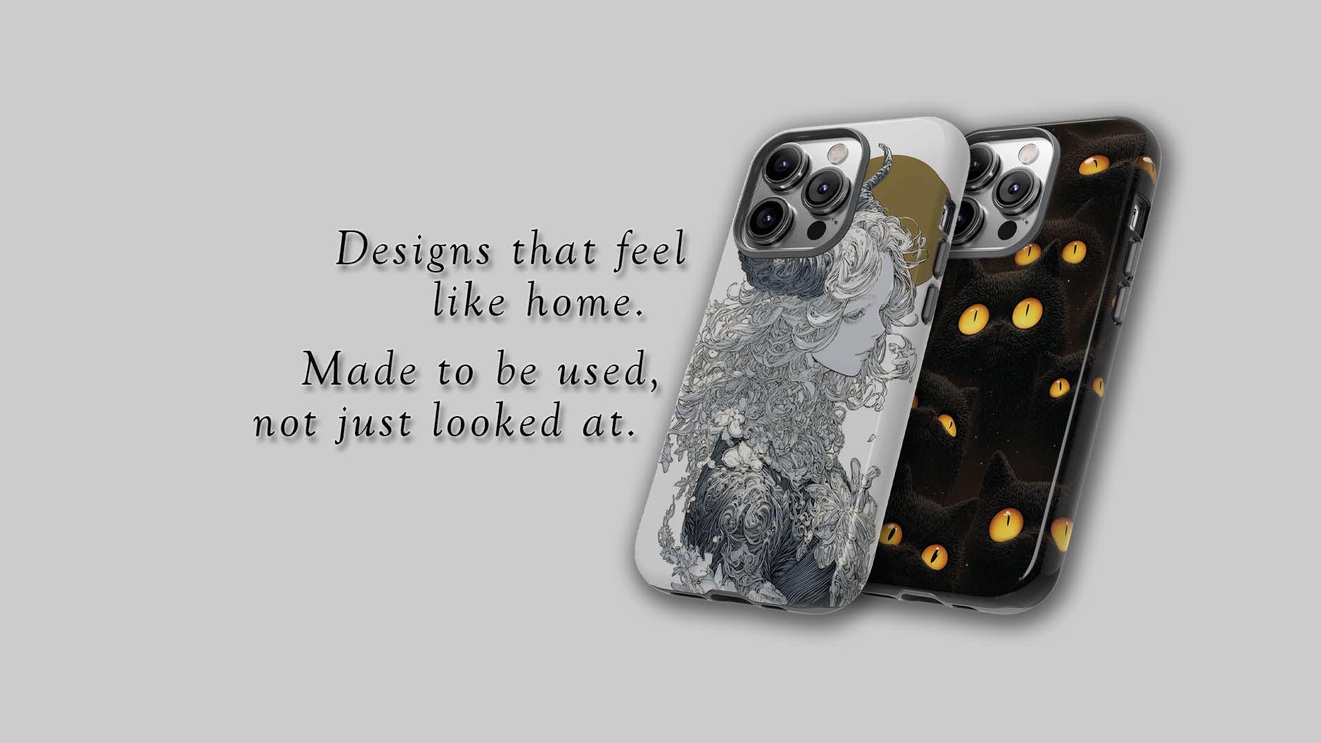 Two phone cases with different designs on a gray background, featuring text about home-like designs.